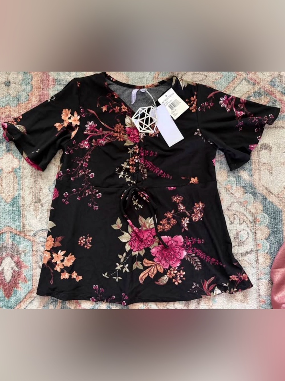 Nordstrom Floral Women’s Top - Black with Pink & Peach Floral NWT